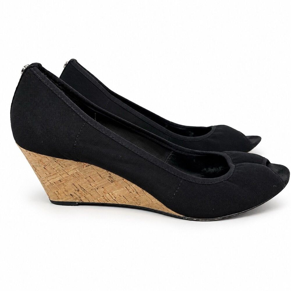 Donald J Pliner Womens 9M Black Peep Toe Cork Wedge Pumps Y2K Designer Heels